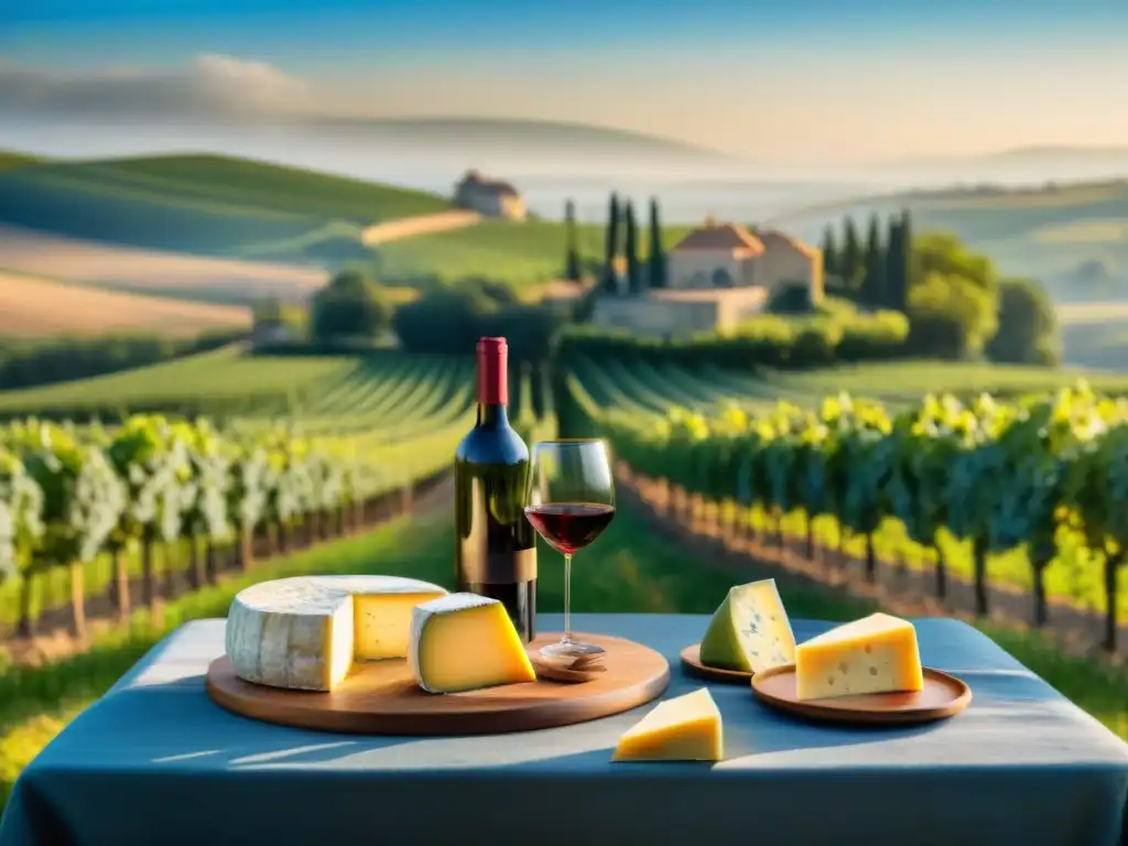 Maridaje de vinos y quesos franceses en viñedo pintoresco bajo cielo azul