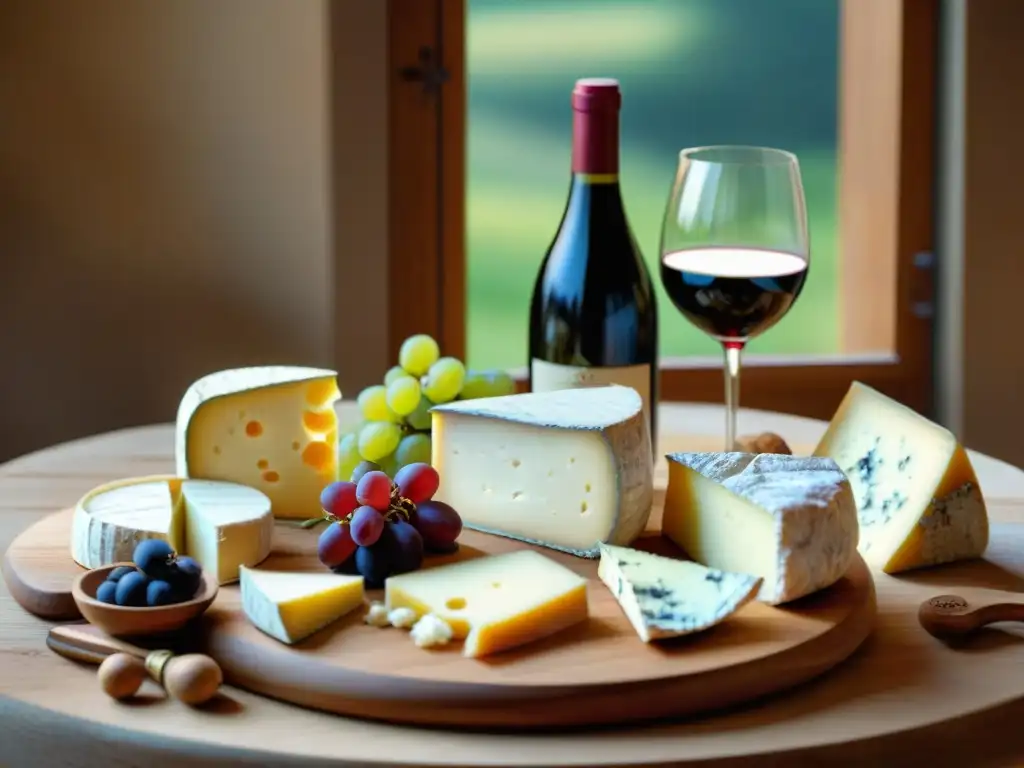 Delicioso maridaje: Quesos y vinos franceses de calidad Maridaje vinos quesos franceses app: Mesa rústica con quesos y vinos franceses premium, iluminada por la suave luz natural