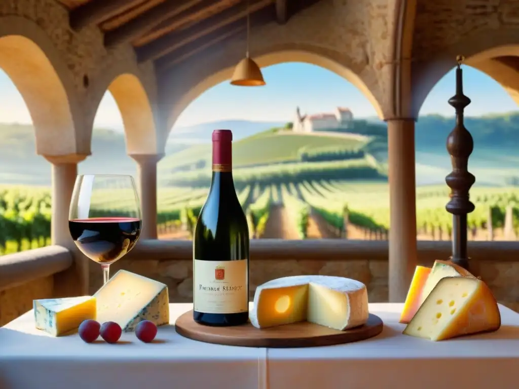 Viñedo francés: maridaje de vinos y quesos Maridaje de vinos y quesos franceses en viñedo acogedor al atardecer