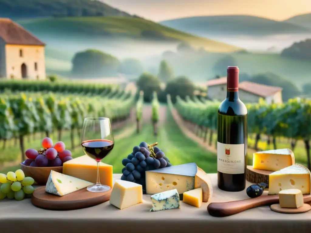 Exquisita degustación de vinos y quesos en viñedo francés Un maridaje de vinos y quesos franceses en un viñedo encantador con una mesa de madera y delicados detalles