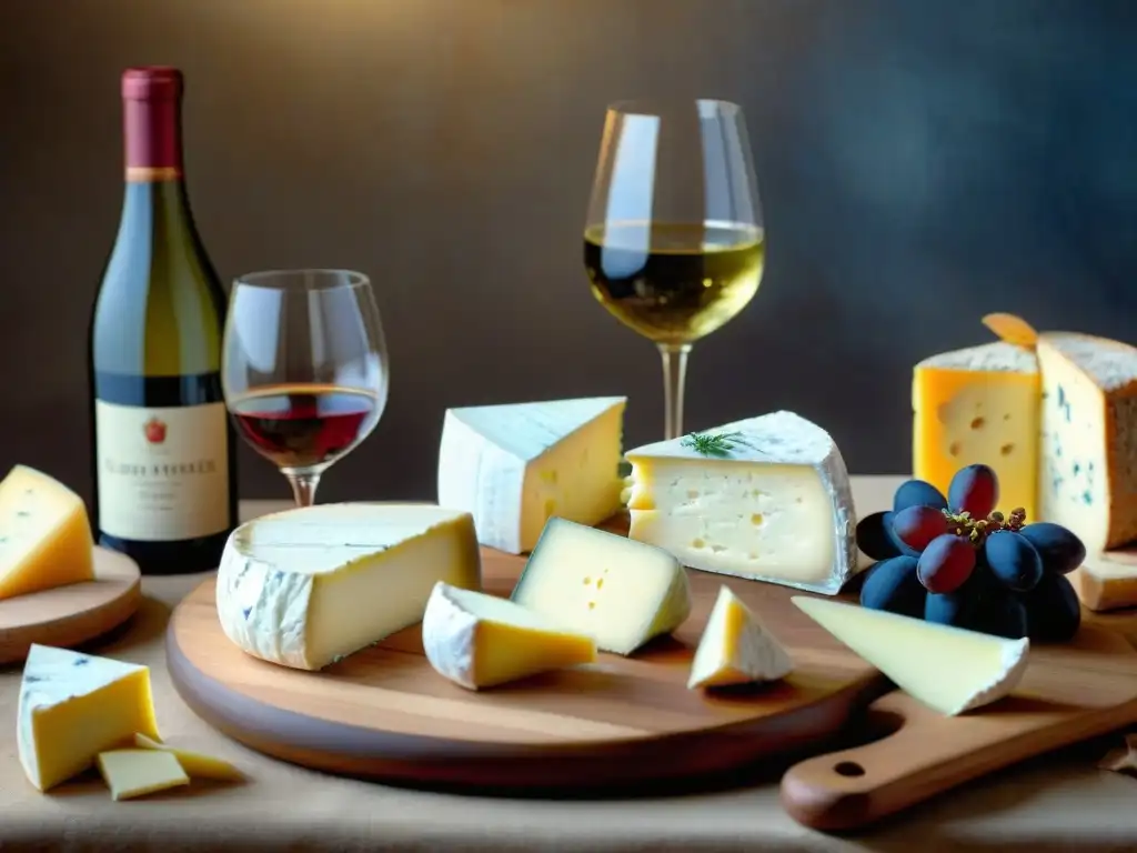 Maridaje vinos quesos franceses principiantes: Escena exquisita de mesa rústica con variedad de quesos y vinos franceses en suaves tonos y texturas