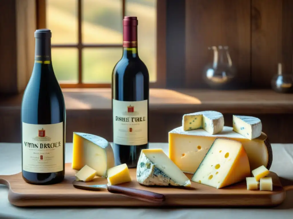 Maridaje vinos quesos franceses perfecto: Mesa rústica con Brie, Roquefort y Comté, junto a vinos Bordeaux, Sancerre y Borgoña