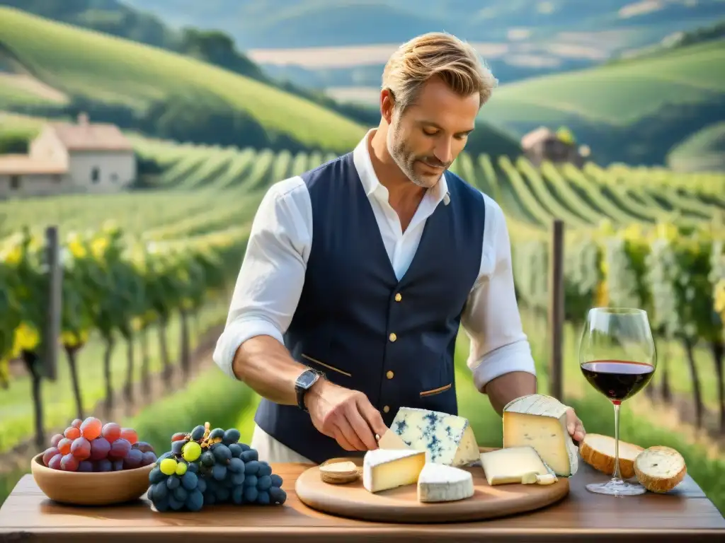 Maridaje de vinos y quesos franceses en viñedo de Bordeaux