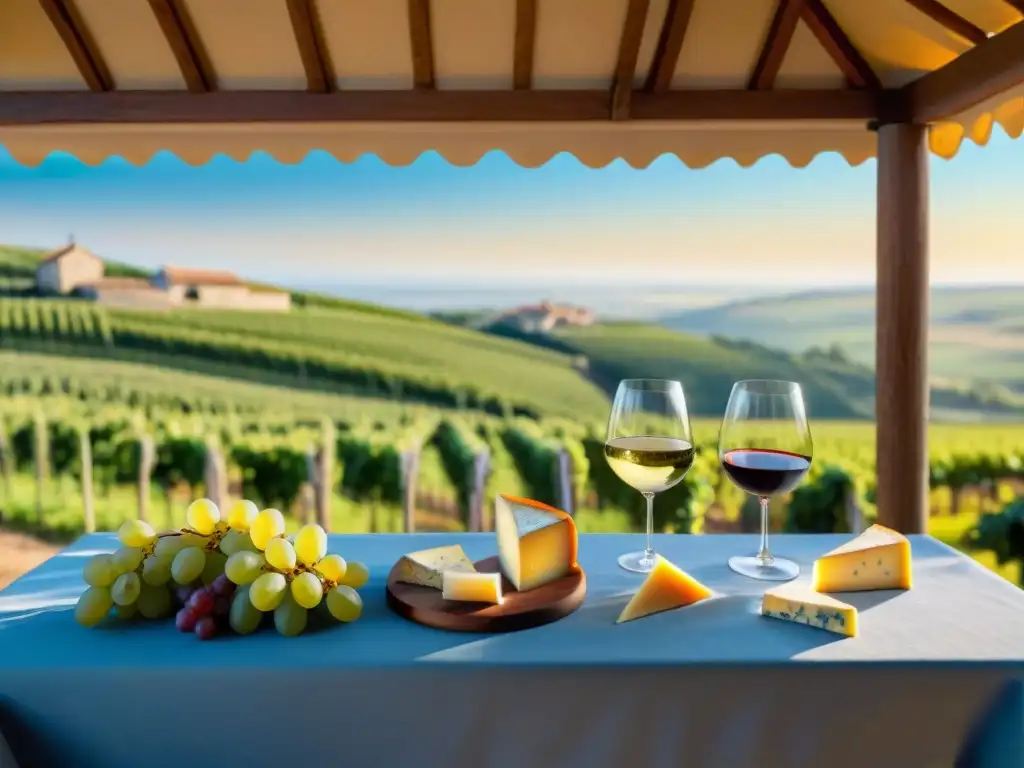 Maridaje de vinos y quesos franceses en viñedo pintoresco bajo cielo azul y luz dorada