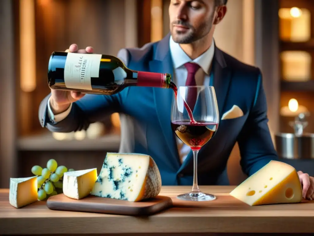 Maridaje de vinos y quesos franceses: sommelier vierte vino tinto en copa de cristal, con deliciosos quesos franceses en mesa rústica