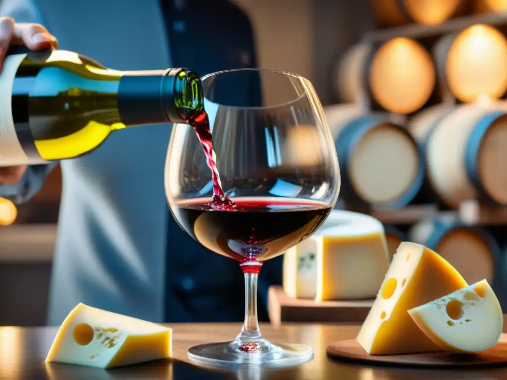 Maridaje de vinos y quesos franceses expertos, sommelier aerando un vino tinto mientras se ven ruedas de queso envejecido