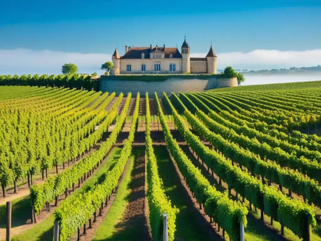 Maridaje vinos y música Francia: Viñedo pintoresco en Bordeaux con viñedos verdes bajo cielo azul y chateau histórico al fondo