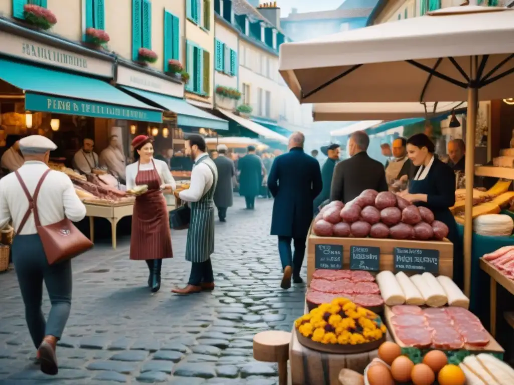 Maridajes de Charcutería Francesa en un bullicioso mercado al aire libre en Francia, con productos tradicionales y vendedores atentos