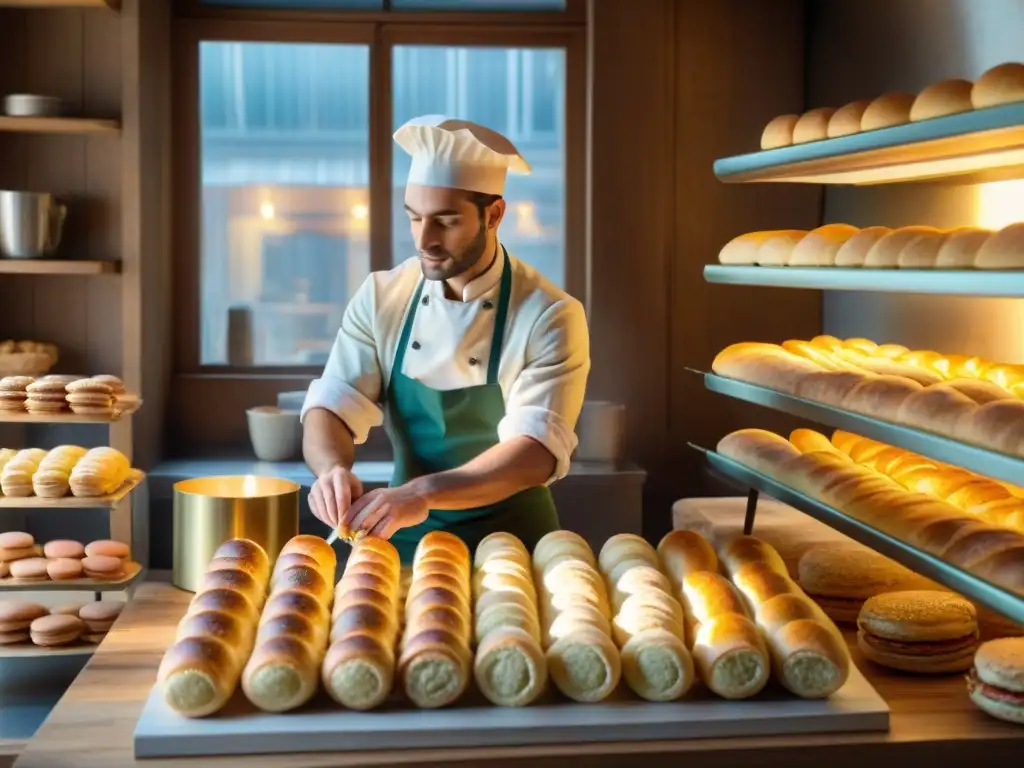 Maridajes innovadores en una panadería francesa: baguettes, croissants y macarons recién horneados, con un panadero experto en acción