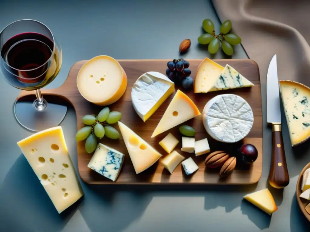 Maridajes con queso francés perfectos: Tabla de quesos franceses premium y vinos elegantes en un entorno sofisticado y refinado