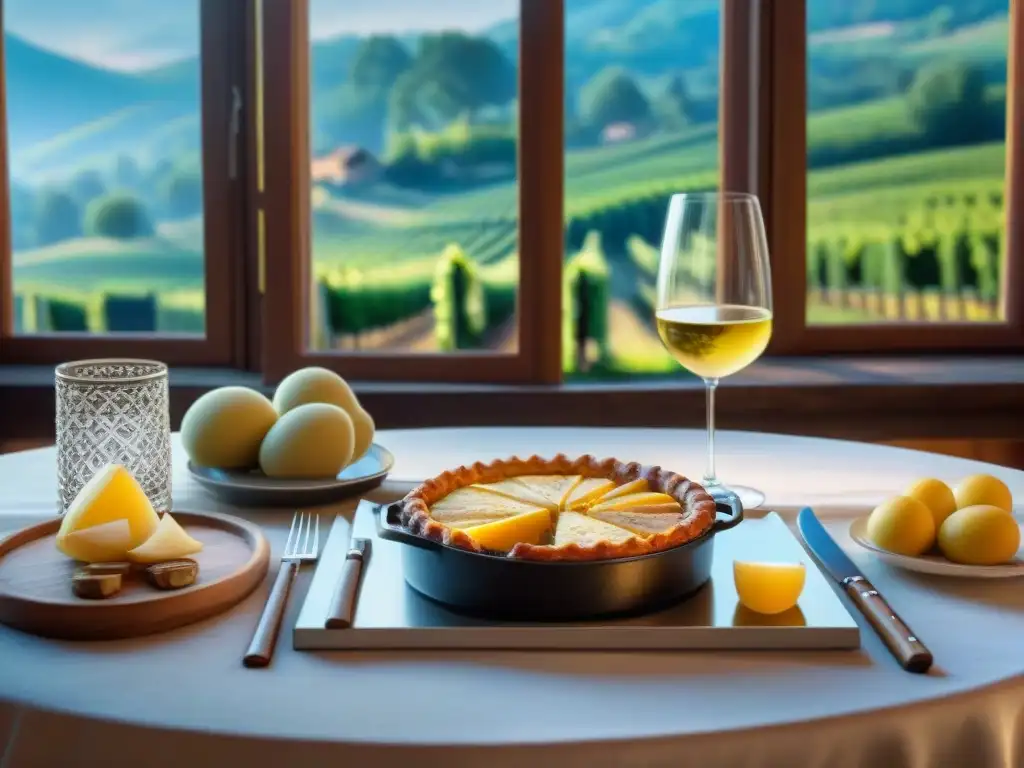 Maridajes vinos Alsacia cena: Mesa rústica con platos tradicionales y vinos locales en copas de cristal, vista a viñedos por la ventana