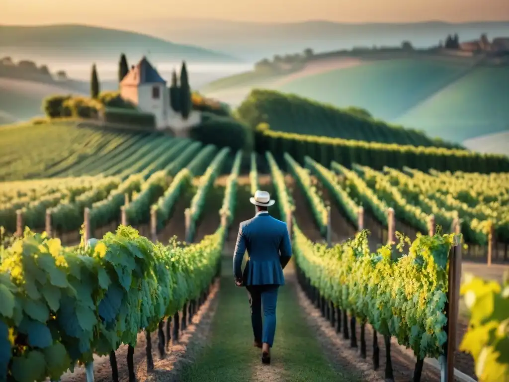 Maridajes con vinos biodinámicos franceses: Un viñedo francés al atardecer con un viticultor inspeccionando uvas entre viñedos dorados