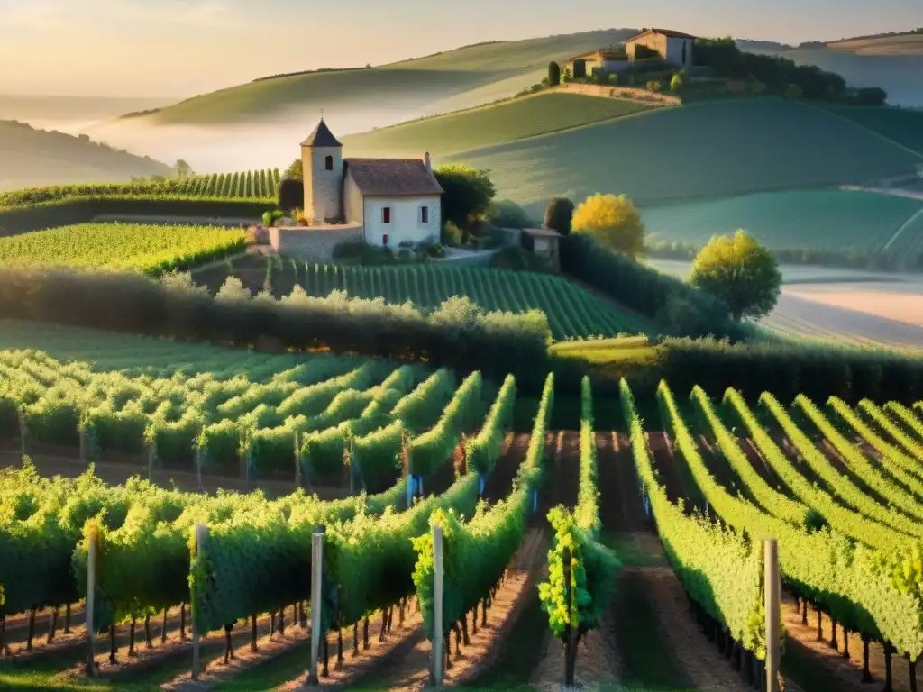 Maridajes con vinos biodinámicos franceses: Viñedo francés al atardecer con viticultores locales trabajando entre las vides bajo la cálida luz dorada