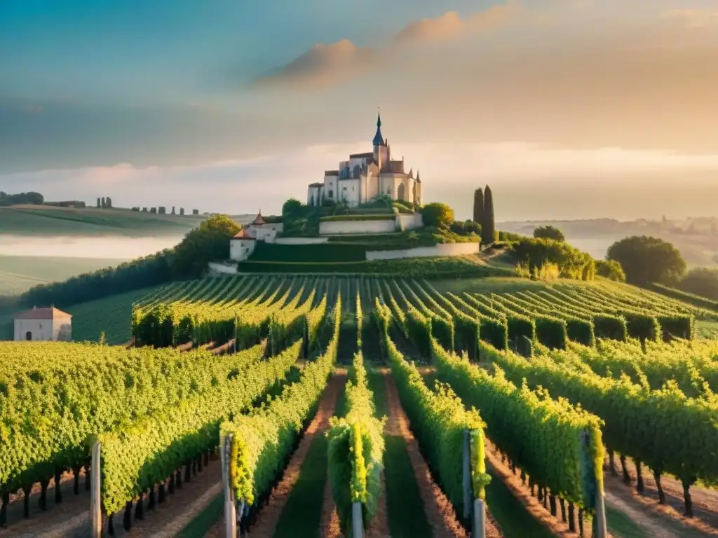 Maridajes vinos orgánicos cocina francesa: Viñedo francés al atardecer con chateau y uvas, fusionando naturaleza y arquitectura