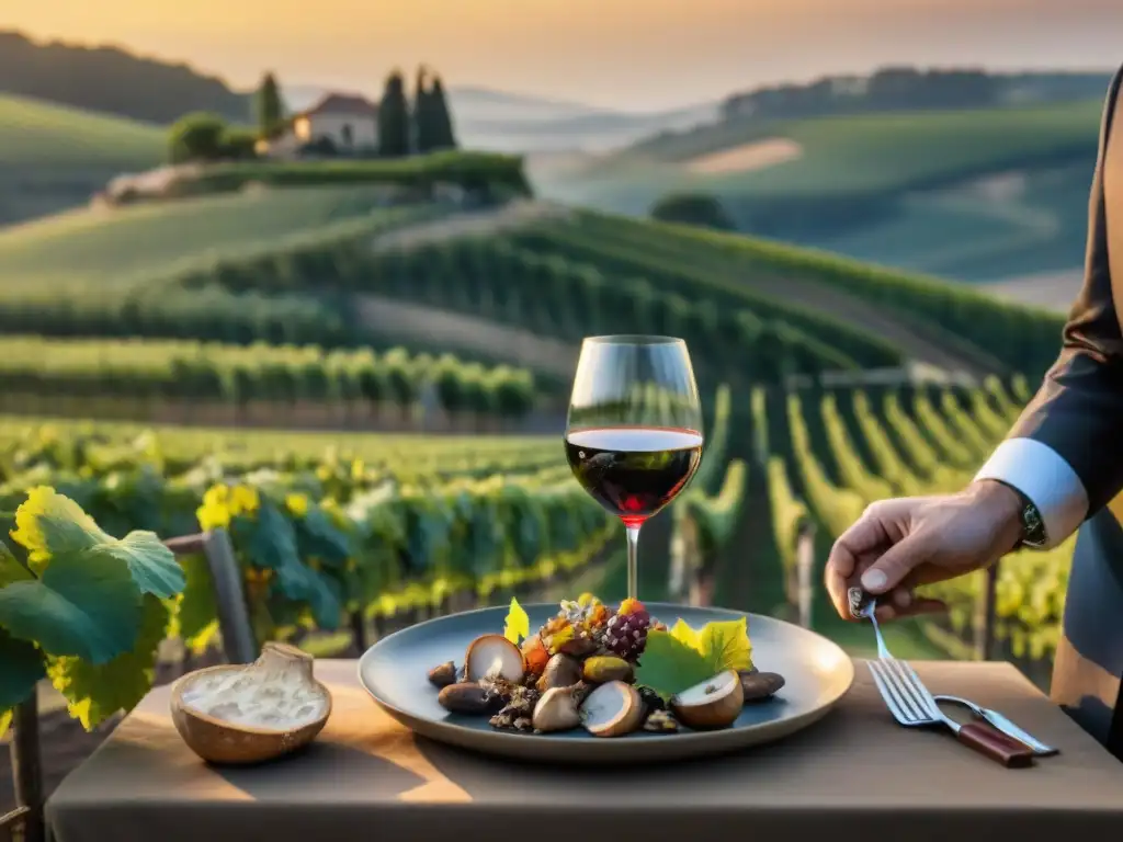 Maridajes vinos setas gastronomía francesa: Atardecer en viñedo francés con sommelier vertiendo vino y chef preparando platillo gourmet