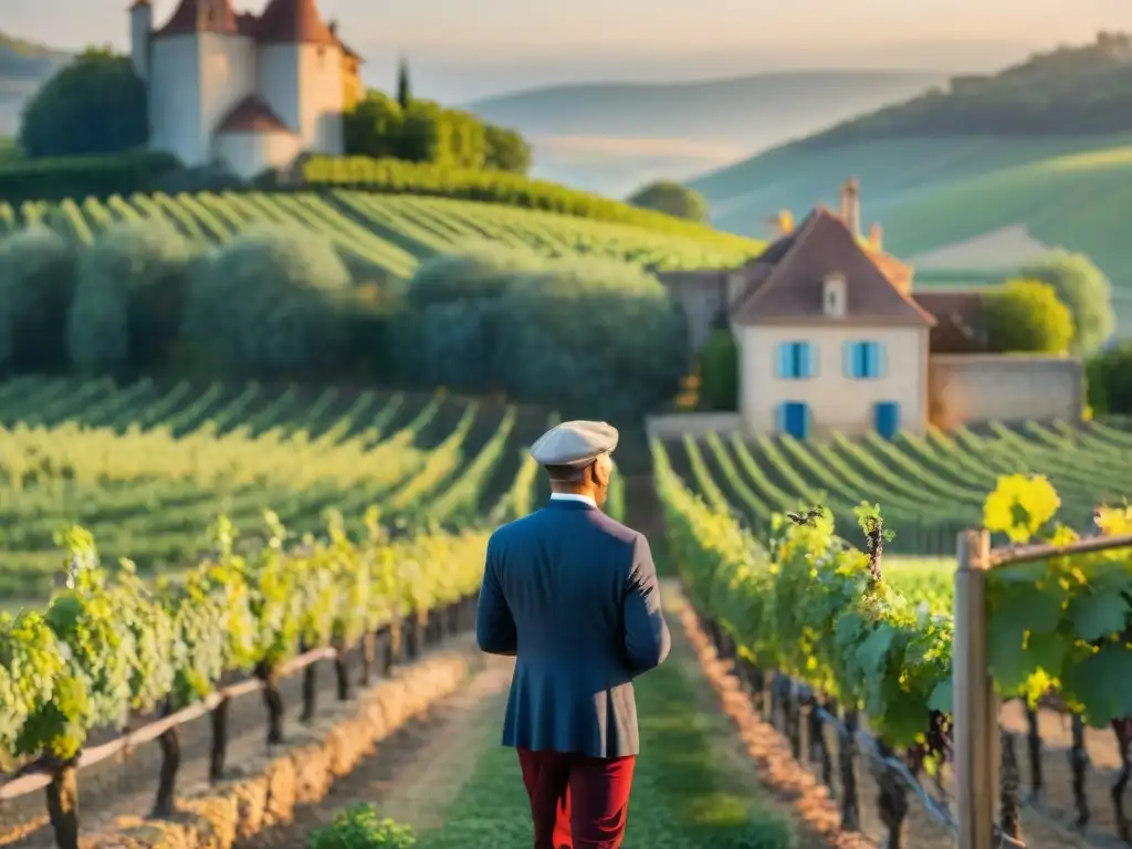 Maridajes vinos tintos franceses cena: Viñedo al atardecer con viticultor inspeccionando uvas rojas y chateau histórico