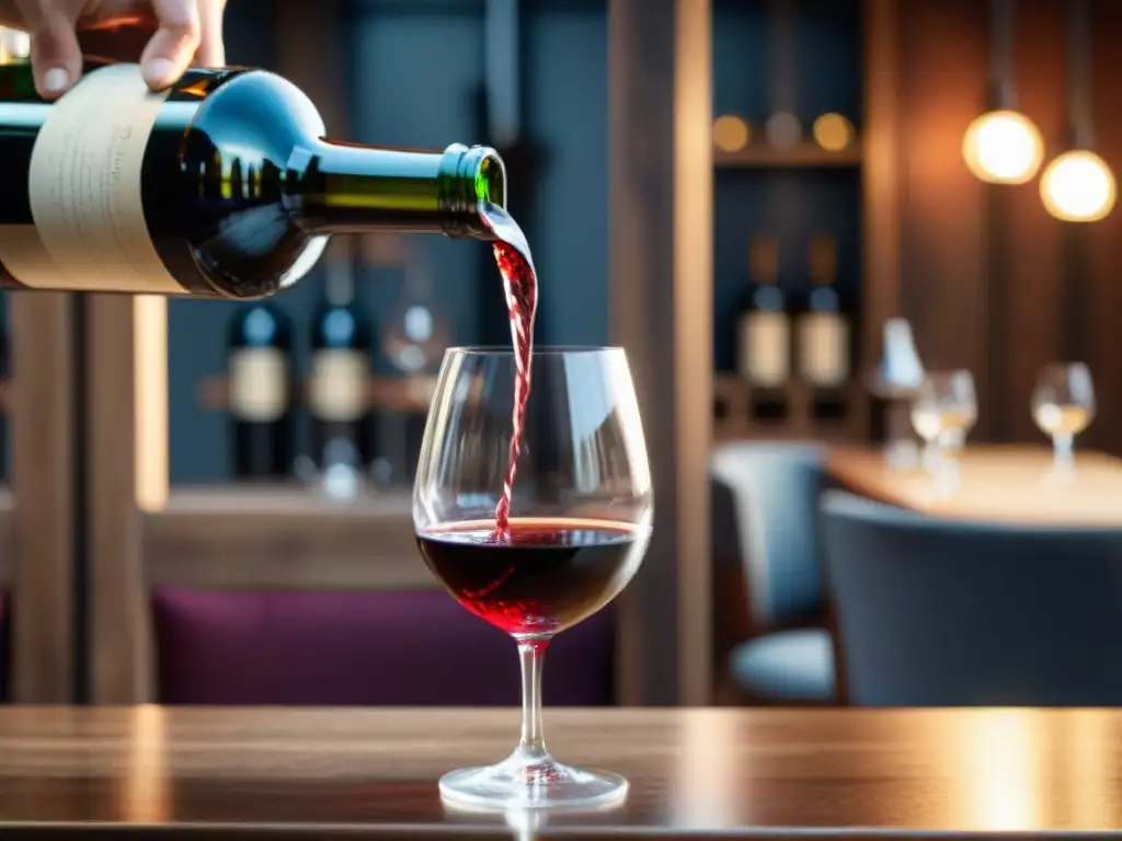 Maridajes vinos tintos franceses cena: Elegante vino tinto francés vertiéndose en copa de cristal en acogedor restaurante francés