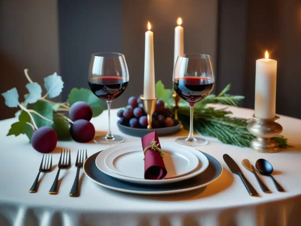 Maridajes vinos tintos franceses cena: Mesa elegante con copas de vino y cena francesa, ambiente sofisticado y acogedor