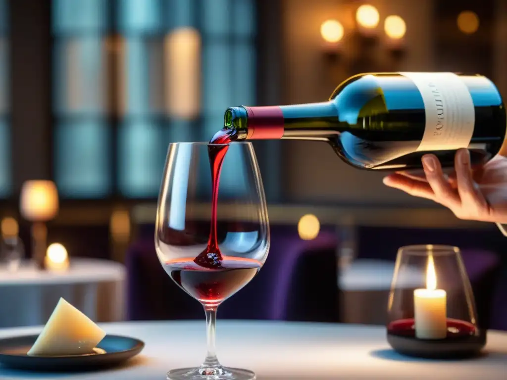 Maridajes vinos tintos franceses cena: Sommelier vierte vino tinto francés en copa de cristal en restaurante elegante con luz de velas