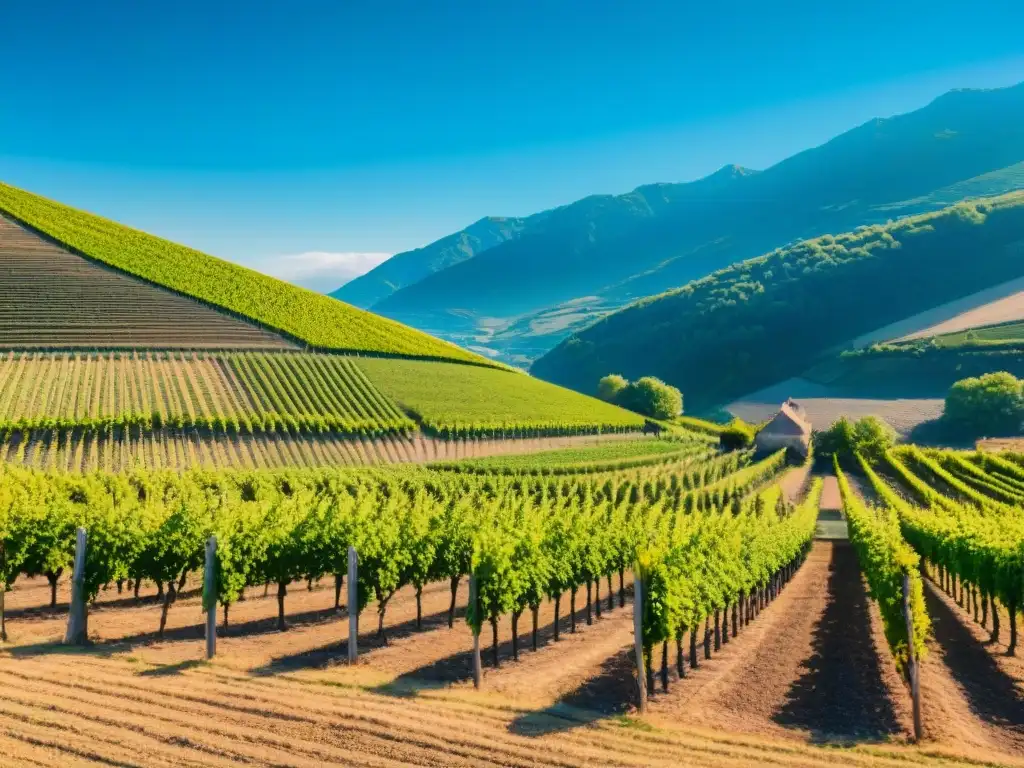 Maridajes vinos Valle del Ródano: Viñedo en el Valle del Ródano, con uvas y viñedos bajo el cielo azul, transmitiendo calma y belleza natural