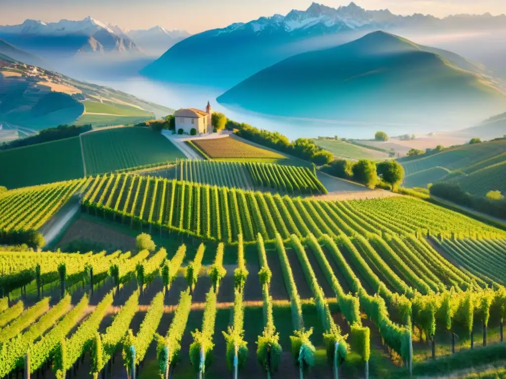 Maridajes vinos Valle del Ródano: Viñedos en el valle con el Ródano y los Alpes al fondo, bañados por la luz del atardecer