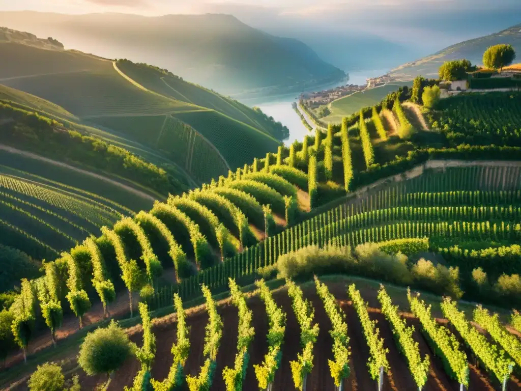 Maridajes vinos Valle del Ródano: Viñedos en terrazas del Valle del Ródano al atardecer, reflejando en el río