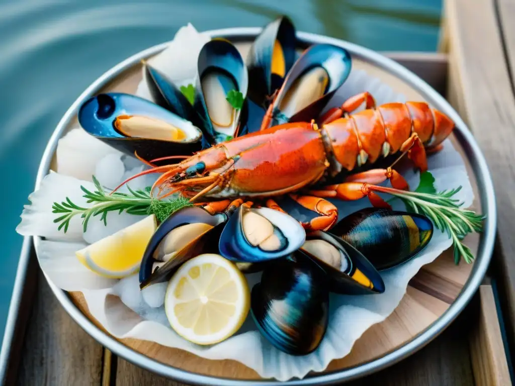 Un festín marino tradicional en Bretaña Francesa con langosta, cigalas, ostras y mejillones en una bandeja rústica