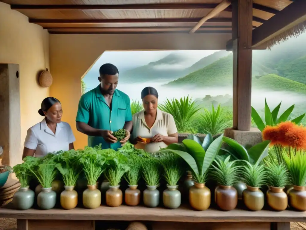 Martiniqueses seleccionando plantas medicinales en cocina tradicional, reflejando saberes ancestrales