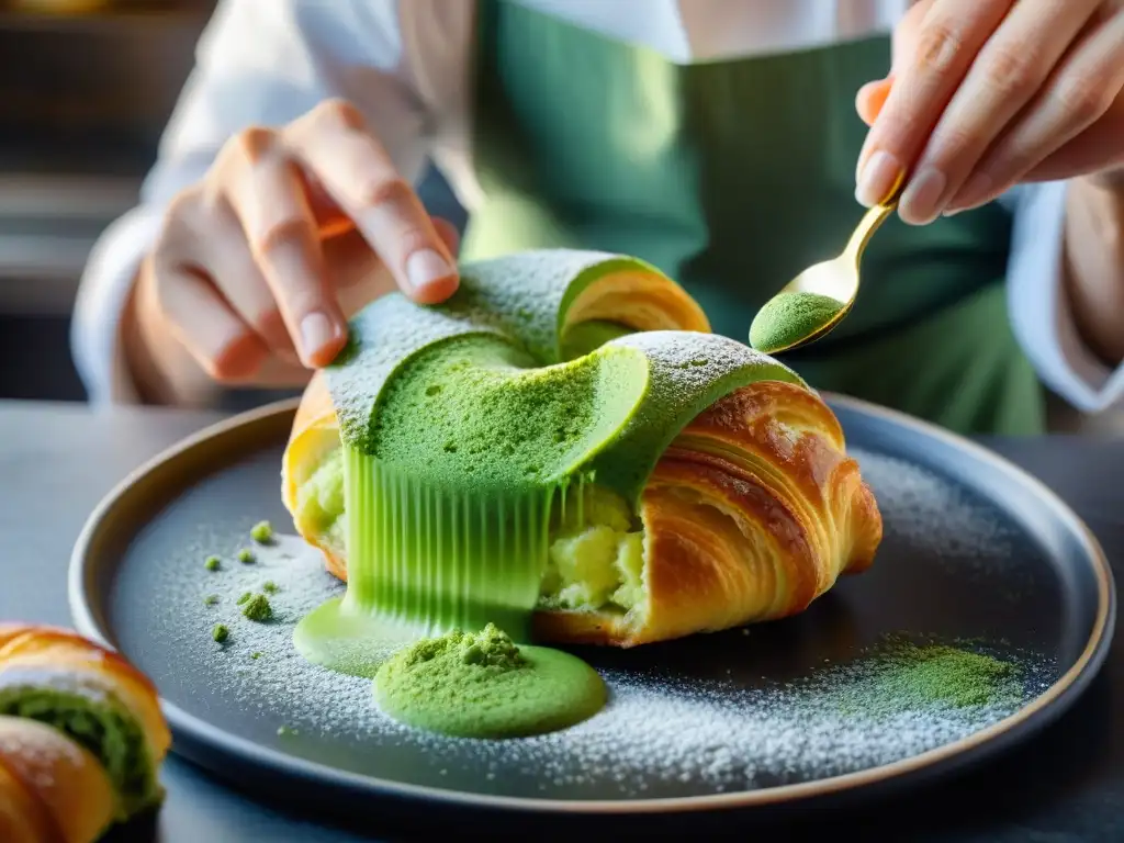 Pastry chef espolvoreando matcha en croissant, fusionando técnicas culinarias japonesas y francesas en pastelería