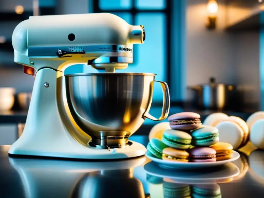 Mejor batidora para recetas francesas: Chef preparando macarons en cocina blanca con precisión y arte