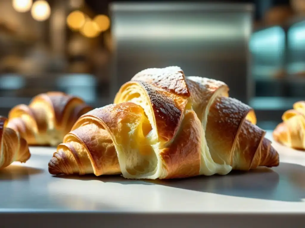 El mejor croissant en Panaderías de París: Detalle de un croissant recién horneado en una panadería tradicional parisina