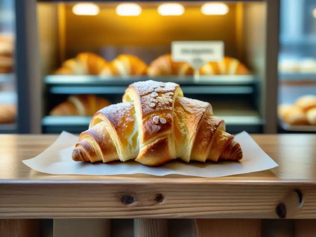 El mejor croissant en Panaderías de París: un croissant dorado recién horneado en una panadería parisina tradicional