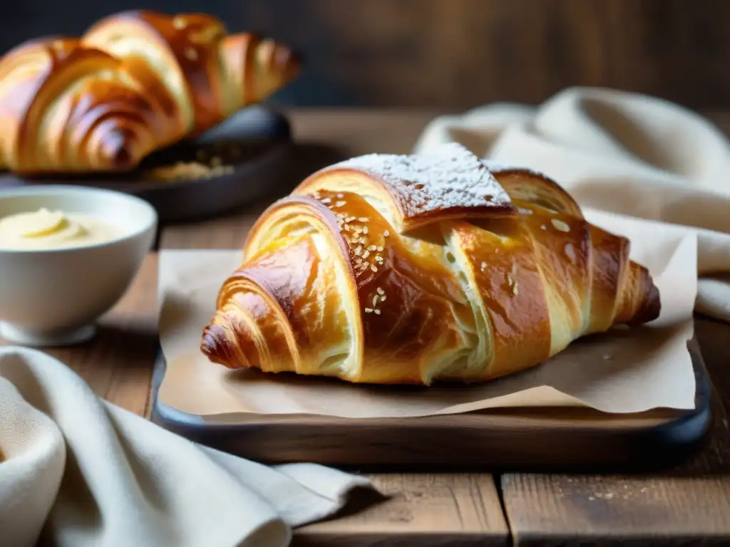 El mejor croissant en Panaderías de París: un croissant recién horneado sobre una mesa de madera rústica