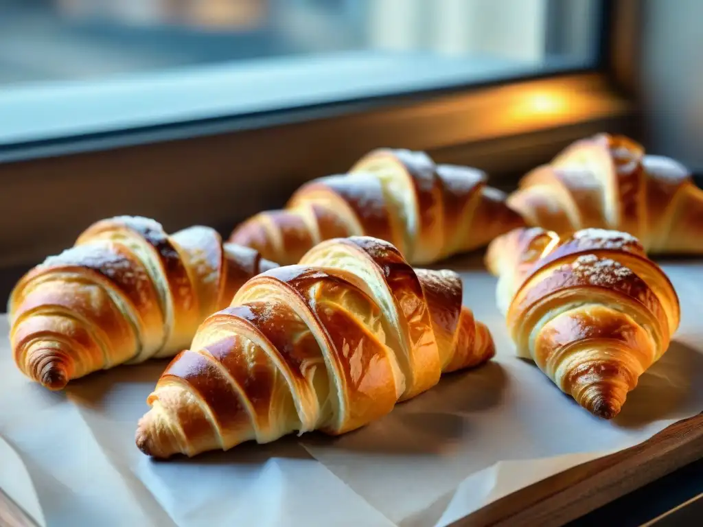 El mejor croissant en Panaderías de París: escena mágica de una panadería tradicional al amanecer, con croissants recién horneados en una mesa rústica