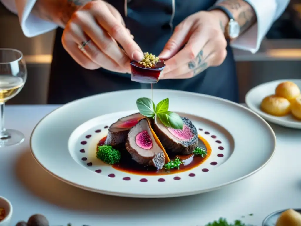 Las mejores aplicaciones de cocina francesa: Chef experto decora coq au vin con trufa, mostrando arte culinario