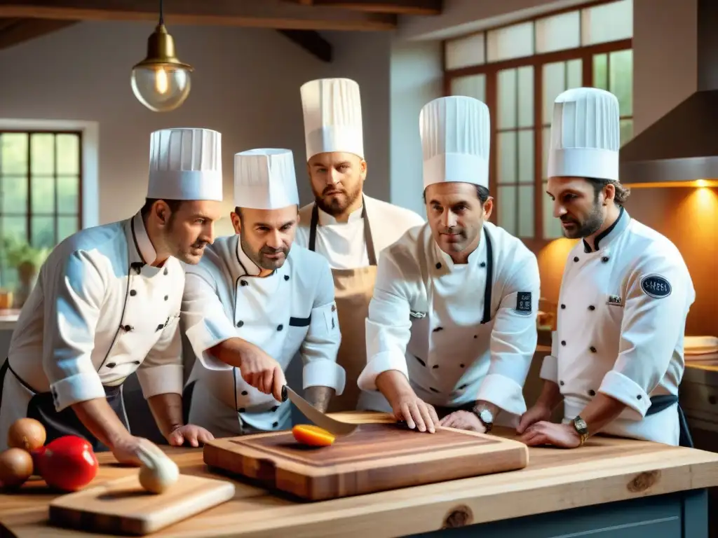 Los mejores chefs franceses analizan detalladamente las tablas de cortar en una cocina rústica