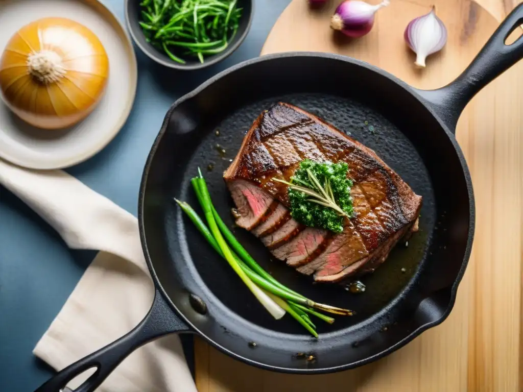 Mejores sartenes para cocina francesa: Filete dorado en sartén de hierro con echalotes y ajo en ambiente rústico francés