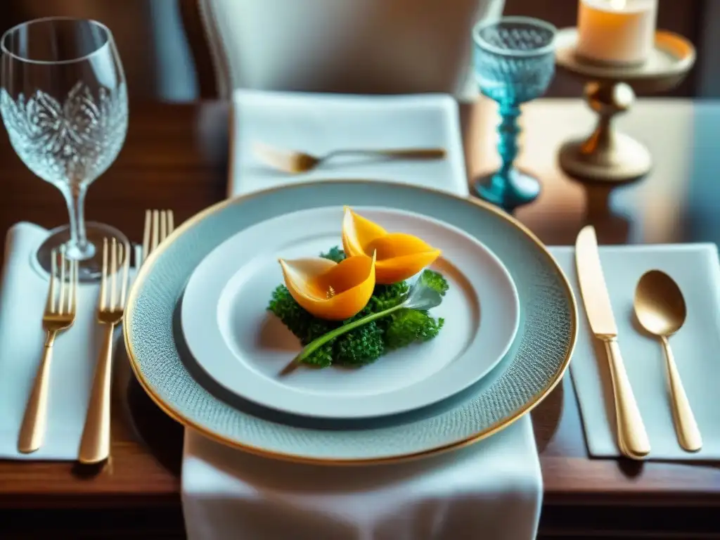 Menaje para presentación platos franceses: Mesa elegante con vajilla fina y cubiertos de plata, copas de cristal y centros florales