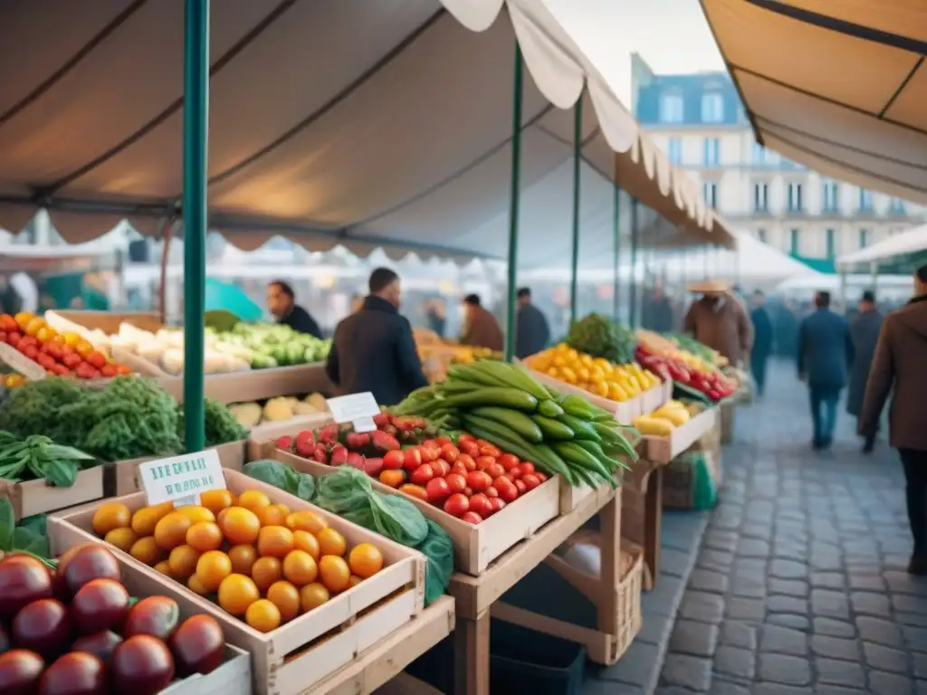 Un mercado de agricultores bullicioso en París, con productos frescos y coloridos bajo carpas blancas