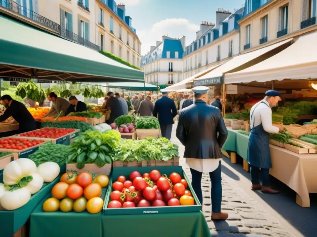 Mercado de agricultores en París con huertos urbanos y gastronomía francesa