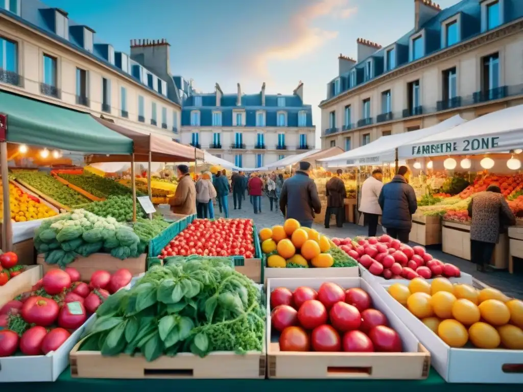 Mercado de agricultores en París con vibrantes productos frescos y edificios franceses