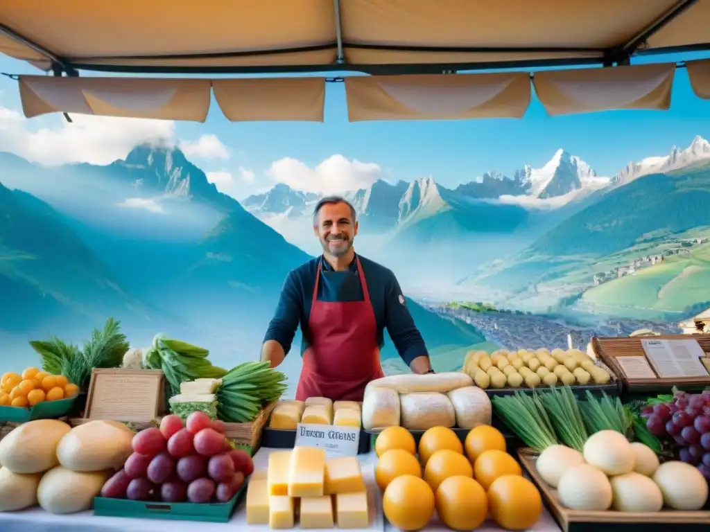 Mercado al aire libre en Aosta con influencia culinaria francesa, chefs intercambiando recetas y productos locales bajo toldos coloridos, con los Alpes italianos de fondo