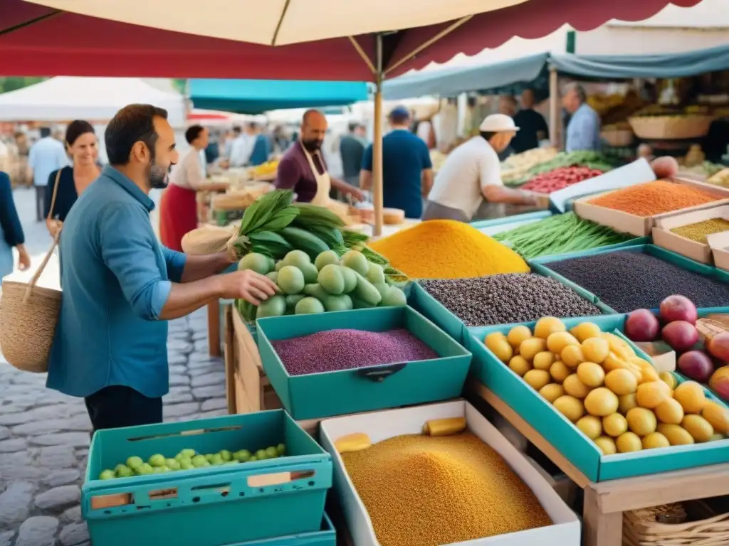 Un mercado al aire libre bullicioso en Provenza, Francia, con vendedores de productos frescos y especias coloridas