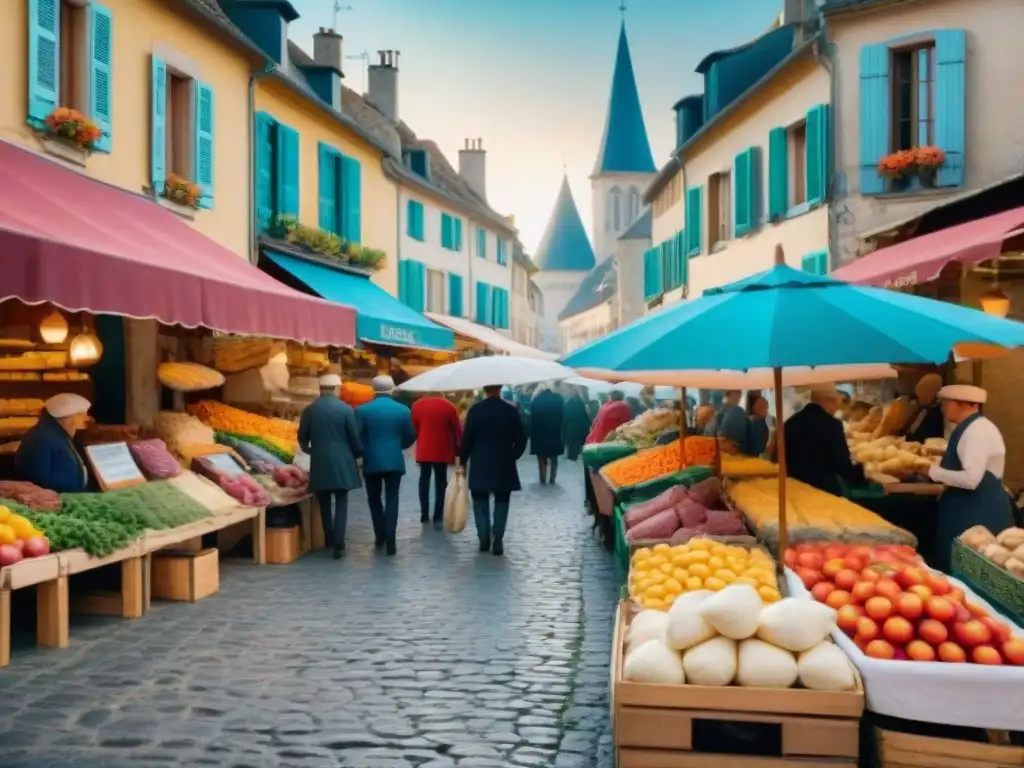 Un mercado al aire libre bullicioso en un encantador pueblo francés, con vendedores de productos frescos, quesos, carnes y panaderías