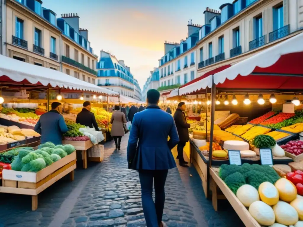 Un mercado al aire libre bullicioso en París, Francia, lleno de puestos de productos frescos, quesos artesanales y pan recién horneado