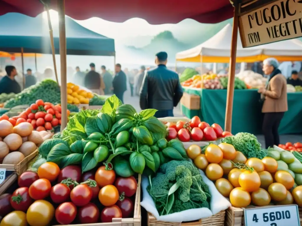 Un mercado al aire libre bullicioso en Borgoña, Francia, con productos frescos vibrantes como tomates herencia y verduras