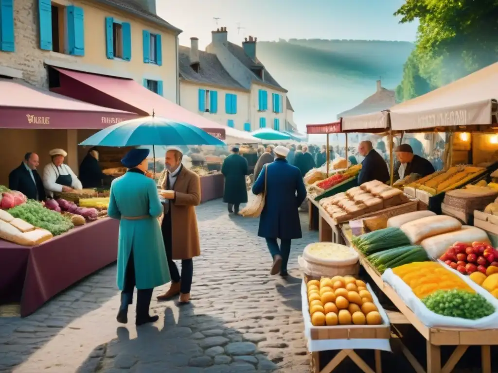 Un mercado al aire libre en la campiña francesa, con productos frescos, quesos y pan