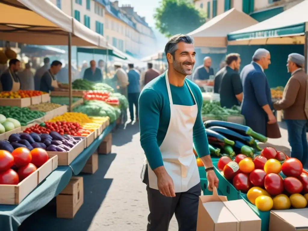 Mercado al aire libre en Francia con chefs amateur seleccionando ingredientes frescos para competencia de mejor chef amateur francés competitivo