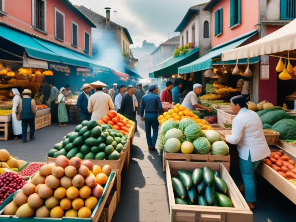 Un mercado al aire libre en una ciudad latinoamericana, con una mezcla de frutas, verduras y especias vibrantes en puestos de madera