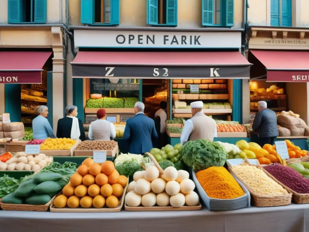 Un mercado al aire libre en una ciudad francesa vibrante con influencia gastronomía francesa cocina mundial